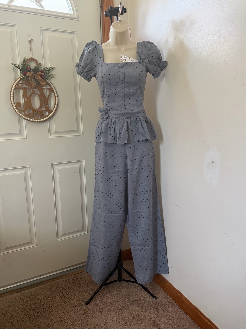 Women's Gray Puff-Sleeve Jumpsuit with Peplum Waist